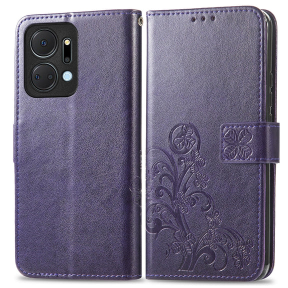 For Honor X7a Four-leaf Clasp Embossed Leather Phone Case(Purple)
