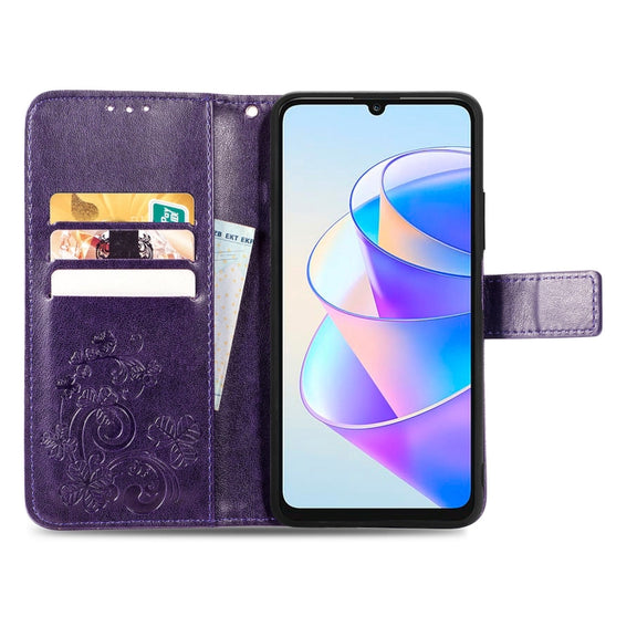 For Honor X7a Four-leaf Clasp Embossed Leather Phone Case(Purple)