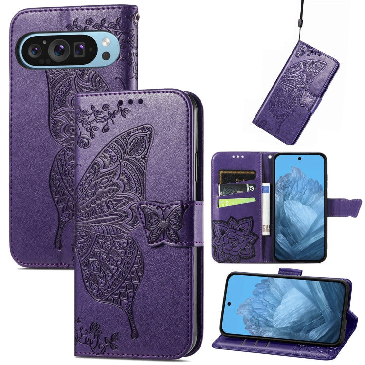 For Google Pixel 9 Butterfly Love Flower Embossed Leather Phone Case(Dark Purple) - Google Cases by PMC TechLife | Online Shopping South Africa | PMC TechLife | Buy Now Pay Later Mobicred