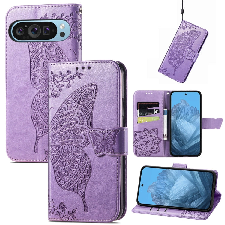 For Google Pixel 9 Butterfly Love Flower Embossed Leather Phone Case(Light Purple) - Google Cases by PMC TechLife | Online Shopping South Africa | PMC TechLife | Buy Now Pay Later Mobicred