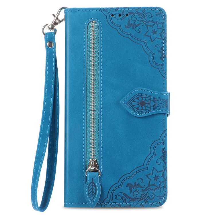 For Google Pixel 9 Pro Embossed Flower Zipper Leather Phone Case(Blue) - Google Cases by PMC TechLife | Online Shopping South Africa | PMC TechLife | Buy Now Pay Later Mobicred