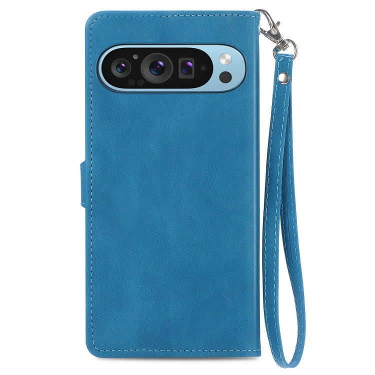 For Google Pixel 9 Pro Embossed Flower Zipper Leather Phone Case(Blue) - Google Cases by PMC TechLife | Online Shopping South Africa | PMC TechLife | Buy Now Pay Later Mobicred