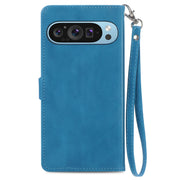 For Google Pixel 9 Pro Embossed Flower Zipper Leather Phone Case(Blue)