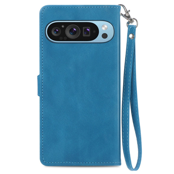 For Google Pixel 9 Pro Embossed Flower Zipper Leather Phone Case(Blue)