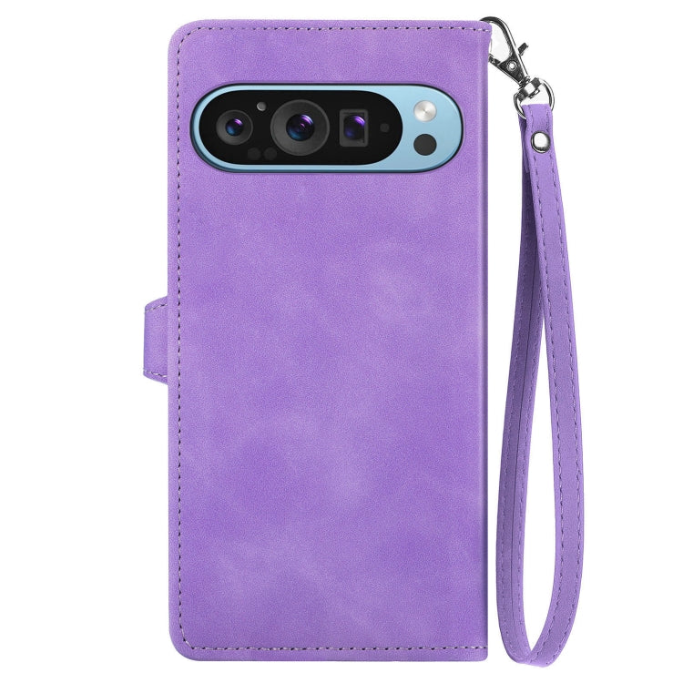For Google Pixel 9 Pro Embossed Flower Zipper Leather Phone Case(Purple) - Google Cases by PMC TechLife | Online Shopping South Africa | PMC TechLife | Buy Now Pay Later Mobicred