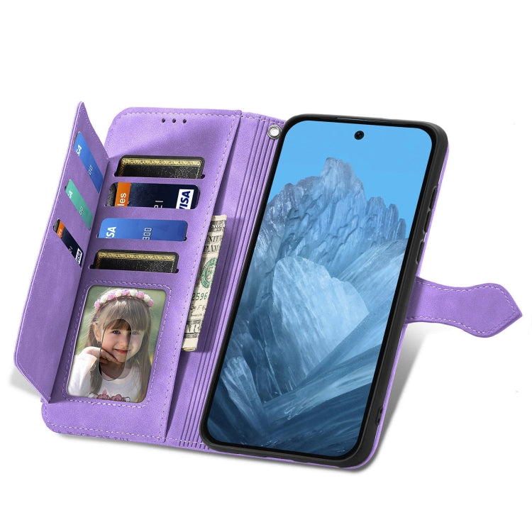 For Google Pixel 9 Pro Embossed Flower Zipper Leather Phone Case(Purple) - Google Cases by PMC TechLife | Online Shopping South Africa | PMC TechLife | Buy Now Pay Later Mobicred
