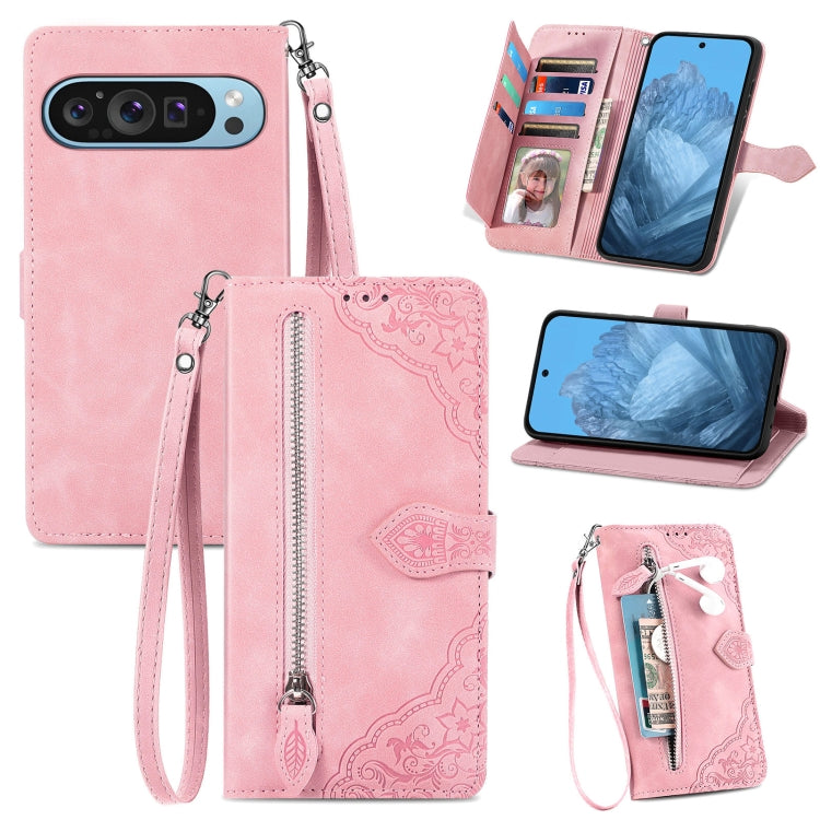 For Google Pixel 9 Pro Embossed Flower Zipper Leather Phone Case(Pink) - Google Cases by PMC TechLife | Online Shopping South Africa | PMC TechLife | Buy Now Pay Later Mobicred