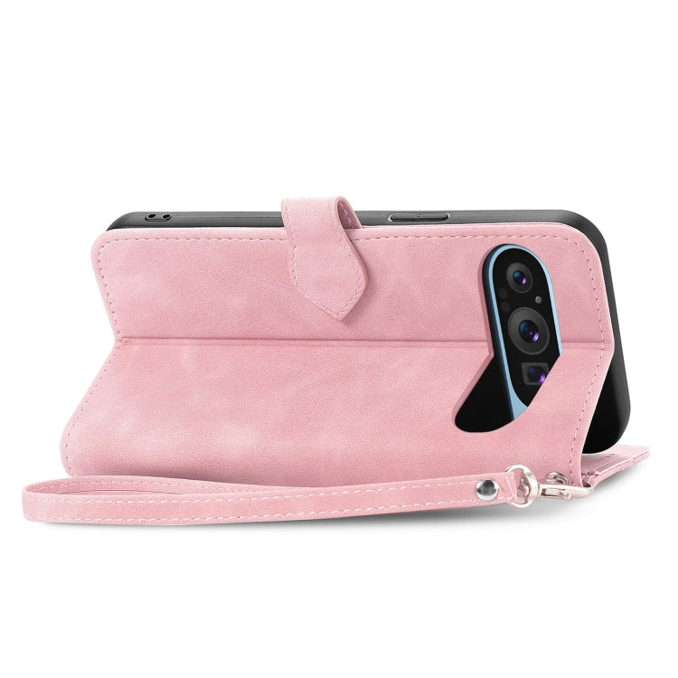 For Google Pixel 9 Pro Embossed Flower Zipper Leather Phone Case(Pink)