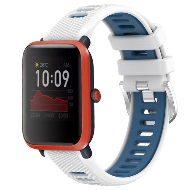 For Amazfit Bip3 20mm Cross Texture Two Color Silicone Steel Buckle Watch Band(White+Blue)