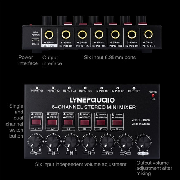 B020 Mini 6-Channel Stereo Audio Mixer Musical Instrument Mixer Electric Wind Electric Guitar Electronic Piano Drums Mixer