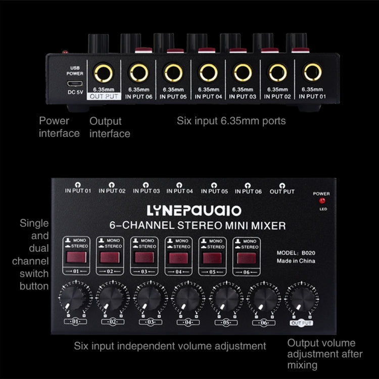 B020 Mini 6-Channel Stereo Audio Mixer Musical Instrument Mixer Electric Wind Electric Guitar Electronic Piano Drums Mixer
