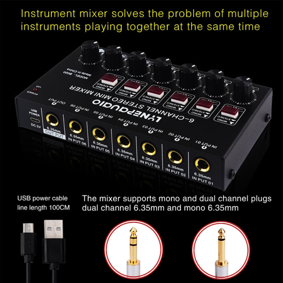 B020 Mini 6-Channel Stereo Audio Mixer Musical Instrument Mixer Electric Wind Electric Guitar Electronic Piano Drums Mixer