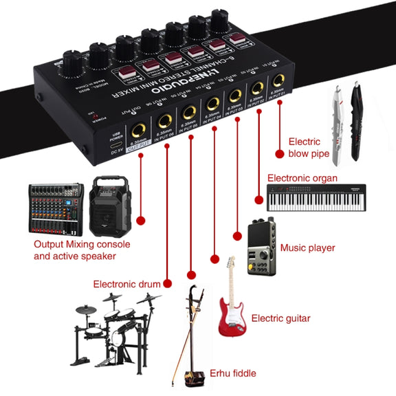 B020 Mini 6-Channel Stereo Audio Mixer Musical Instrument Mixer Electric Wind Electric Guitar Electronic Piano Drums Mixer