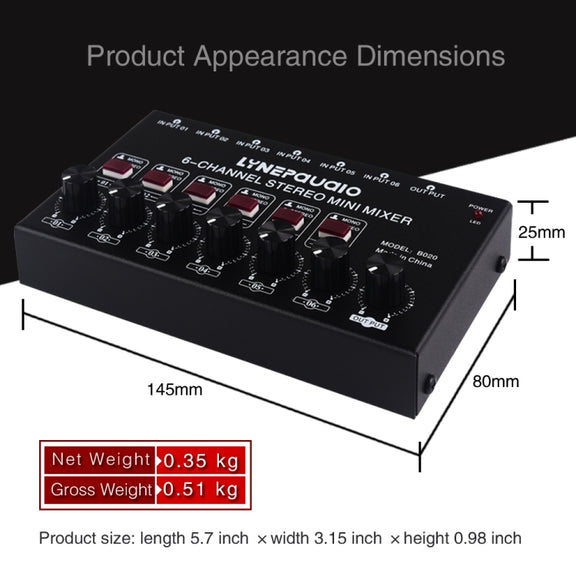 B020 Mini 6-Channel Stereo Audio Mixer Musical Instrument Mixer Electric Wind Electric Guitar Electronic Piano Drums Mixer