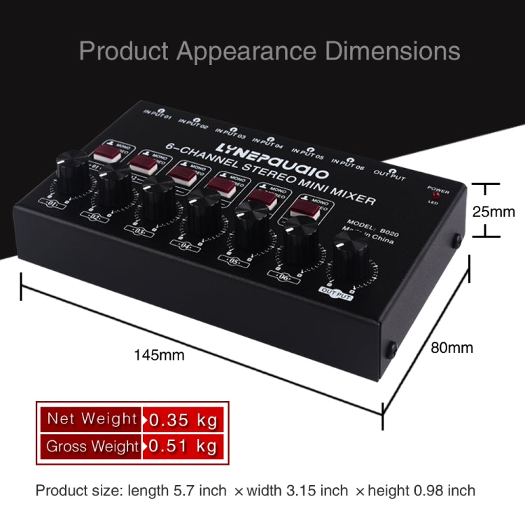 B020 Mini 6-Channel Stereo Audio Mixer Musical Instrument Mixer Electric Wind Electric Guitar Electronic Piano Drums Mixer
