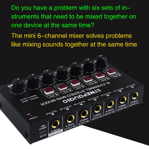 B020 Mini 6-Channel Stereo Audio Mixer Musical Instrument Mixer Electric Wind Electric Guitar Electronic Piano Drums Mixer