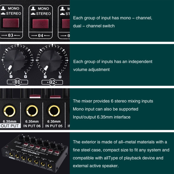 B020 Mini 6-Channel Stereo Audio Mixer Musical Instrument Mixer Electric Wind Electric Guitar Electronic Piano Drums Mixer