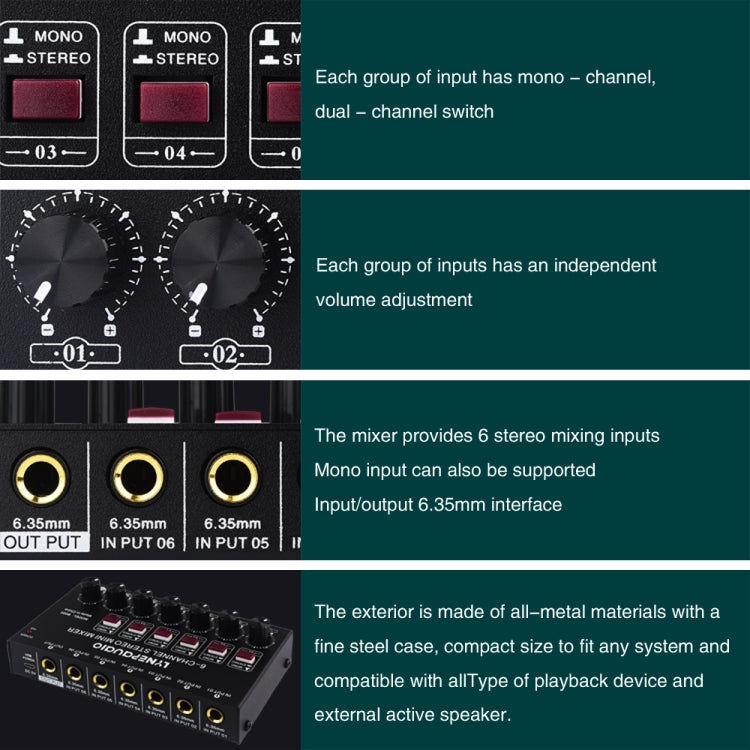 B020 Mini 6-Channel Stereo Audio Mixer Musical Instrument Mixer Electric Wind Electric Guitar Electronic Piano Drums Mixer