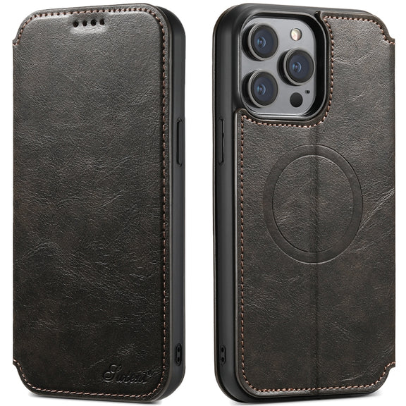 For iPhone 14 Suteni J05 Leather Magnetic Magsafe Phone Case(Black)