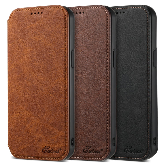 For iPhone 12/12 Pro Suteni J06 Retro Matte Litchi Texture Leather Magnetic Magsafe Phone Case(Black)