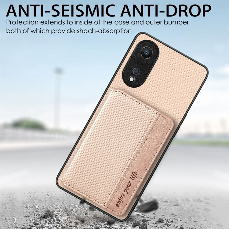 For OPPO A78 Carbon Fiber Magnetic Card Bag Phone Case(Khaki) - OPPO Cases by PMC TechLife | Online Shopping South Africa | PMC TechLife