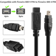 JUNSUNMAY FireWire High Speed Premium DV 800 9 Pin Male To FireWire 400 4 Pin Male IEEE 1394 Cable, Length:1.8m