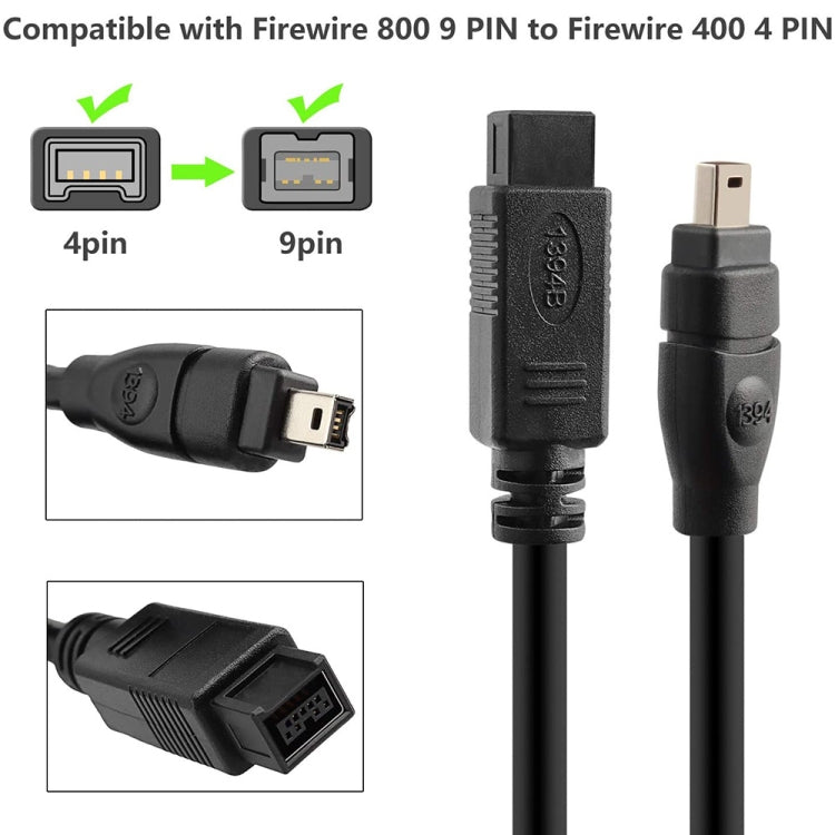 JUNSUNMAY FireWire High Speed Premium DV 800 9 Pin Male To FireWire 400 4 Pin Male IEEE 1394 Cable, Length:1.8m