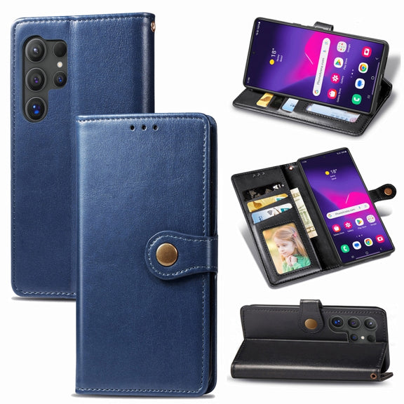 For Samsung Galaxy S25 Ultra 5G Retro Solid Color Buckle Leather Phone Case(Blue)