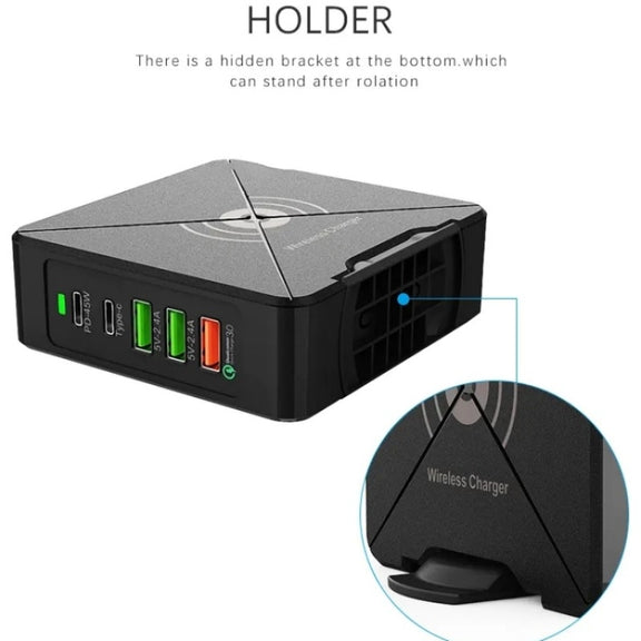 PD-75 Desktop PD Type-C USB QC 3.0 Fast Mobile Phone Charging Station Multifunctional Wireless Charger(UK Plug)