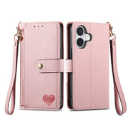 For iPhone 16 Love Zipper Lanyard Leather Phone Case(Pink)