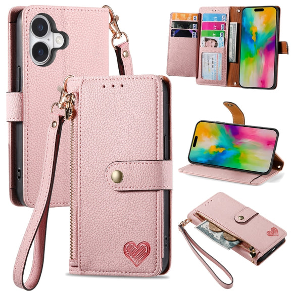 For iPhone 16 Love Zipper Lanyard Leather Phone Case(Pink)