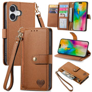 For iPhone 16 Love Zipper Lanyard Leather Phone Case(Brown)
