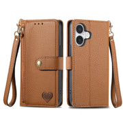 For iPhone 16 Love Zipper Lanyard Leather Phone Case(Brown)