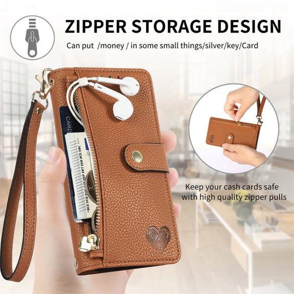 For iPhone 16 Love Zipper Lanyard Leather Phone Case(Brown)