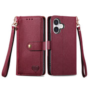 For iPhone 16 Plus Love Zipper Lanyard Leather Phone Case(Red)