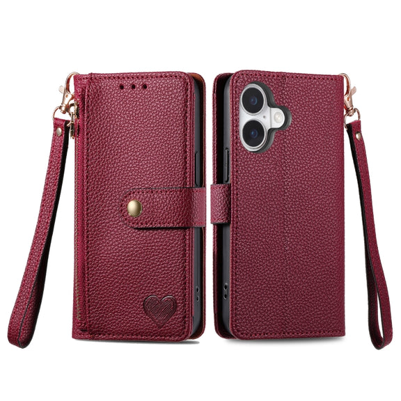 For iPhone 16 Plus Love Zipper Lanyard Leather Phone Case(Red)