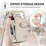For iPhone 16 Plus Love Zipper Lanyard Leather Phone Case(Gray)