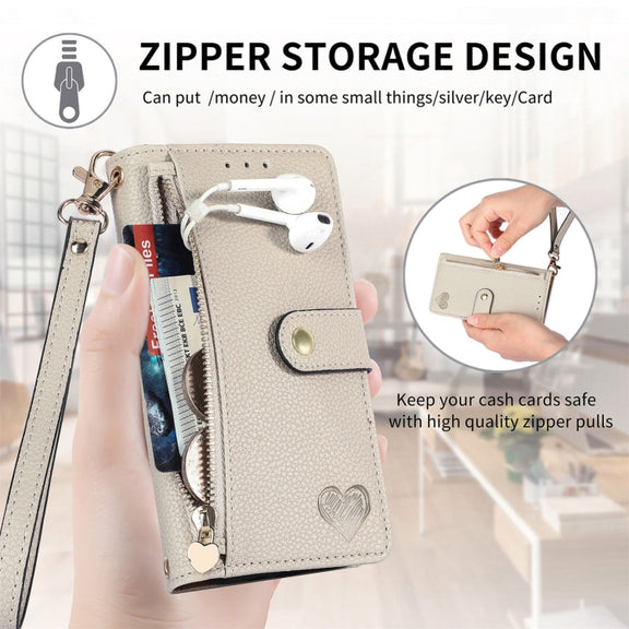 For iPhone 16 Plus Love Zipper Lanyard Leather Phone Case(Gray)