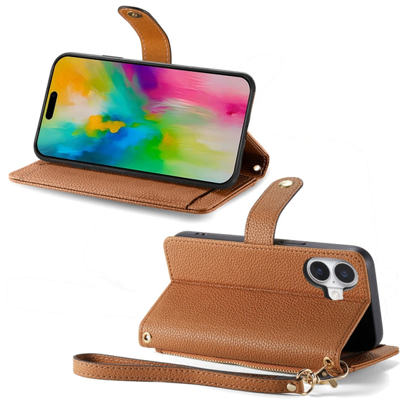For iPhone 16 Pro Love Zipper Lanyard Leather Phone Case(Brown)