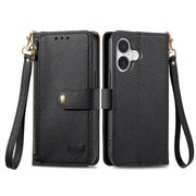 For iPhone 16 Pro Love Zipper Lanyard Leather Phone Case(Black)