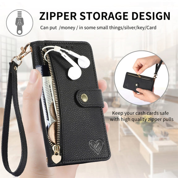 For iPhone 16 Pro Love Zipper Lanyard Leather Phone Case(Black)