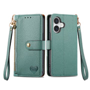 For iPhone 16 Pro Love Zipper Lanyard Leather Phone Case(Green)