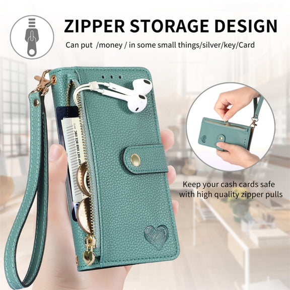 For iPhone 16 Pro Love Zipper Lanyard Leather Phone Case(Green)