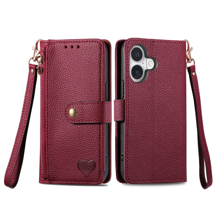 For iPhone 16 Pro Love Zipper Lanyard Leather Phone Case(Red)