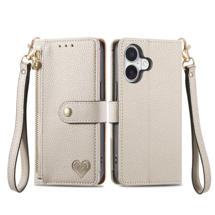 For iPhone 16 Pro Love Zipper Lanyard Leather Phone Case(Gray)