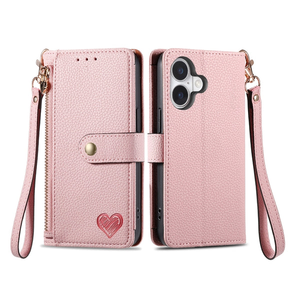 For iPhone 16 Pro Max Love Zipper Lanyard Leather Phone Case(Pink)