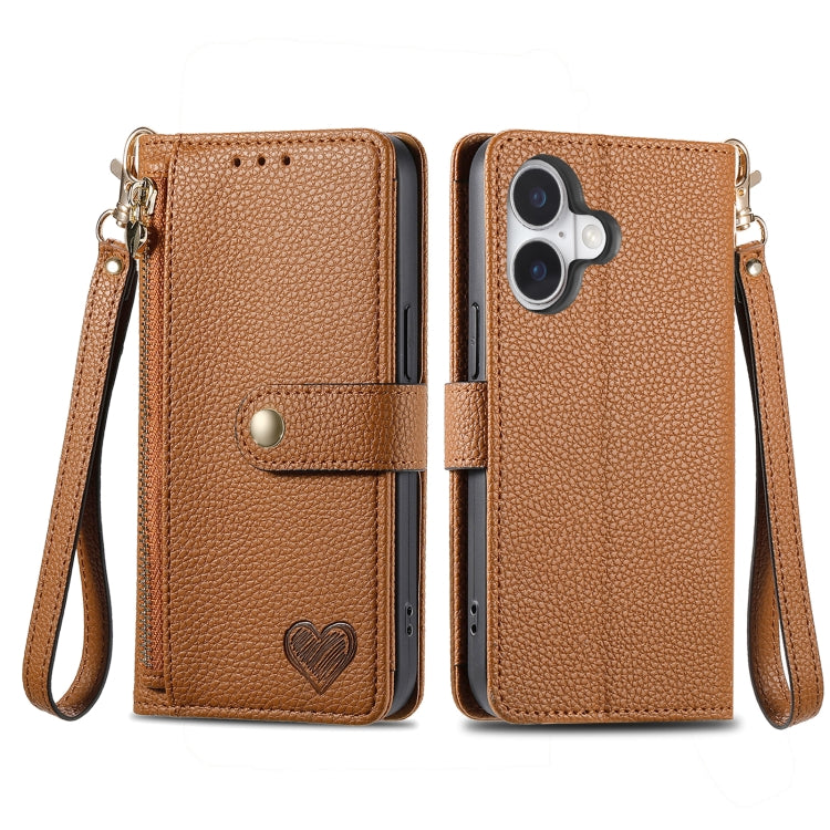For iPhone 16 Pro Max Love Zipper Lanyard Leather Phone Case(Brown)