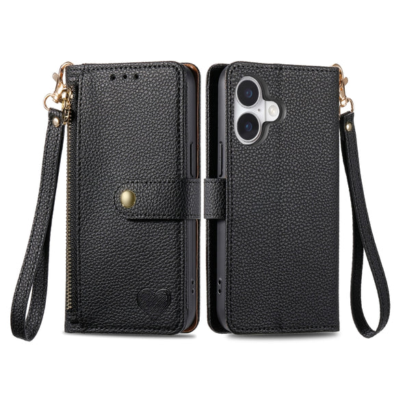 For iPhone 16 Pro Max Love Zipper Lanyard Leather Phone Case(Black)