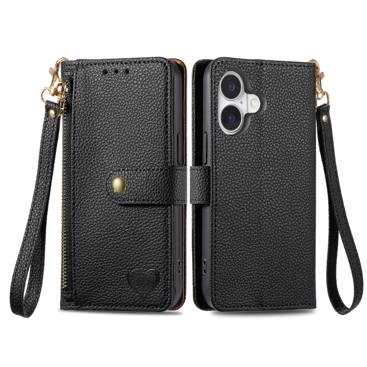 For iPhone 16 Pro Max Love Zipper Lanyard Leather Phone Case(Black)