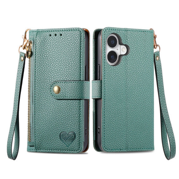 For iPhone 16 Pro Max Love Zipper Lanyard Leather Phone Case(Green)